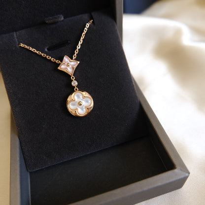 [AuraEcho Jewelry]STAR AND SUN WHITE MOP 2 MOTIF PINK GOLD NECKLACE