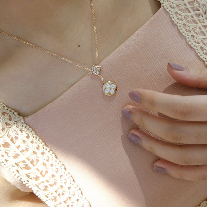 [AuraEcho Jewelry]STAR AND SUN WHITE MOP 2 MOTIF PINK GOLD NECKLACE