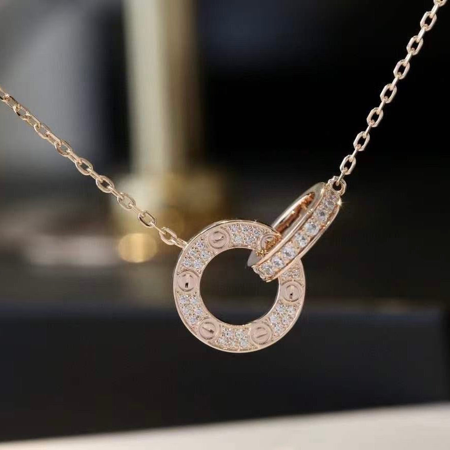 [AuraEcho Jewelry]LOVE 7.6MM NECKLACE ROSE GOLD AND SILVER  FULL DIAMOND