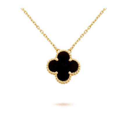 [AuraEcho Jewelry]CLOVER 15MM BLACK ONYX SINGLE FLOWER NECKLACE