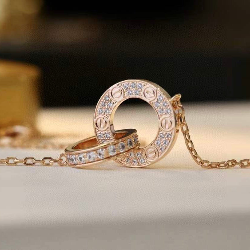 [AuraEcho Jewelry]LOVE 7.6MM NECKLACE ROSE GOLD AND SILVER  FULL DIAMOND