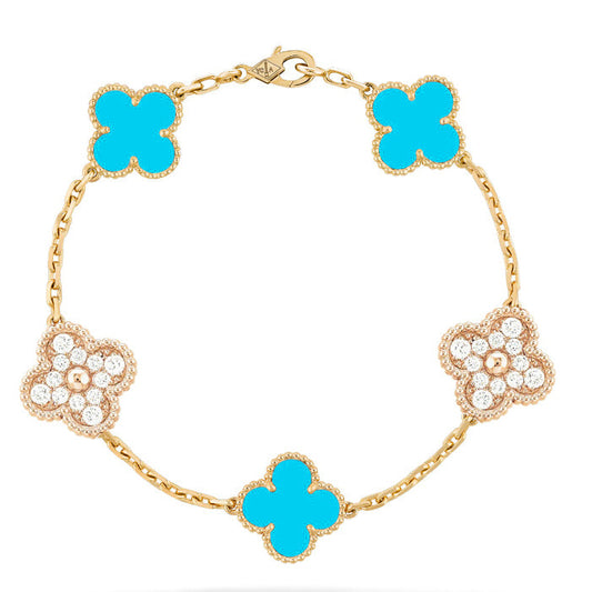 [AuraEcho Jewelry]CLOVER 5 MOTIF TURQUOISE DIAMOND GOLD BRACELET