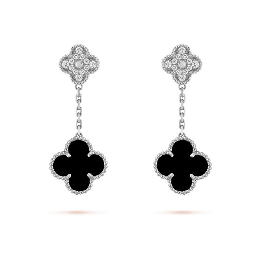 [AuraEcho Jewelry]CLOVER 2 MOTIFS  DIAMOND ONYX EARRINGS SILVER