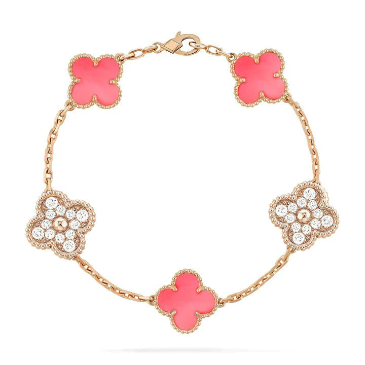 [AuraEcho Jewelry]CLOVER 5 MOTIF DIAMOND PINK MOP PINK GOLD BRACELET