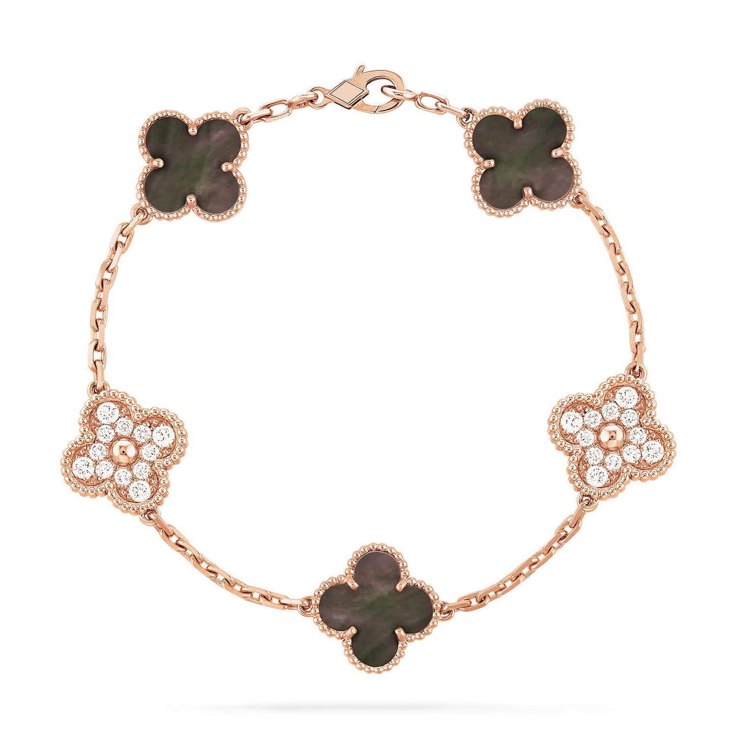 [AuraEcho Jewelry]CLOVER 5 MOTIFS DARK MOP AND DIAMONDS PINK GOLD BRACELET