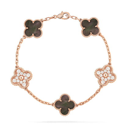 [AuraEcho Jewelry]CLOVER 5 MOTIFS DARK MOP AND DIAMONDS PINK GOLD BRACELET