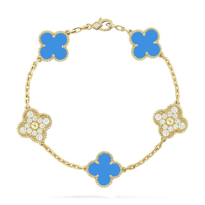 [AuraEcho Jewelry]CLOVER 5 MOTIF BLUE CHALCEDONY DIAMOND GOLD BRACELET