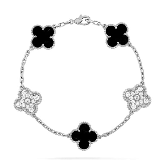 [AuraEcho Jewelry]CLOVER 5 MOTIF ONYXS DIAMOND BRACELET SILVER