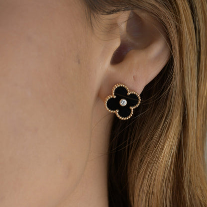 [AuraEcho Jewelry]CLOVER MEDIUM 1 MOTIFS ONYX DIAMOND EARRINGS