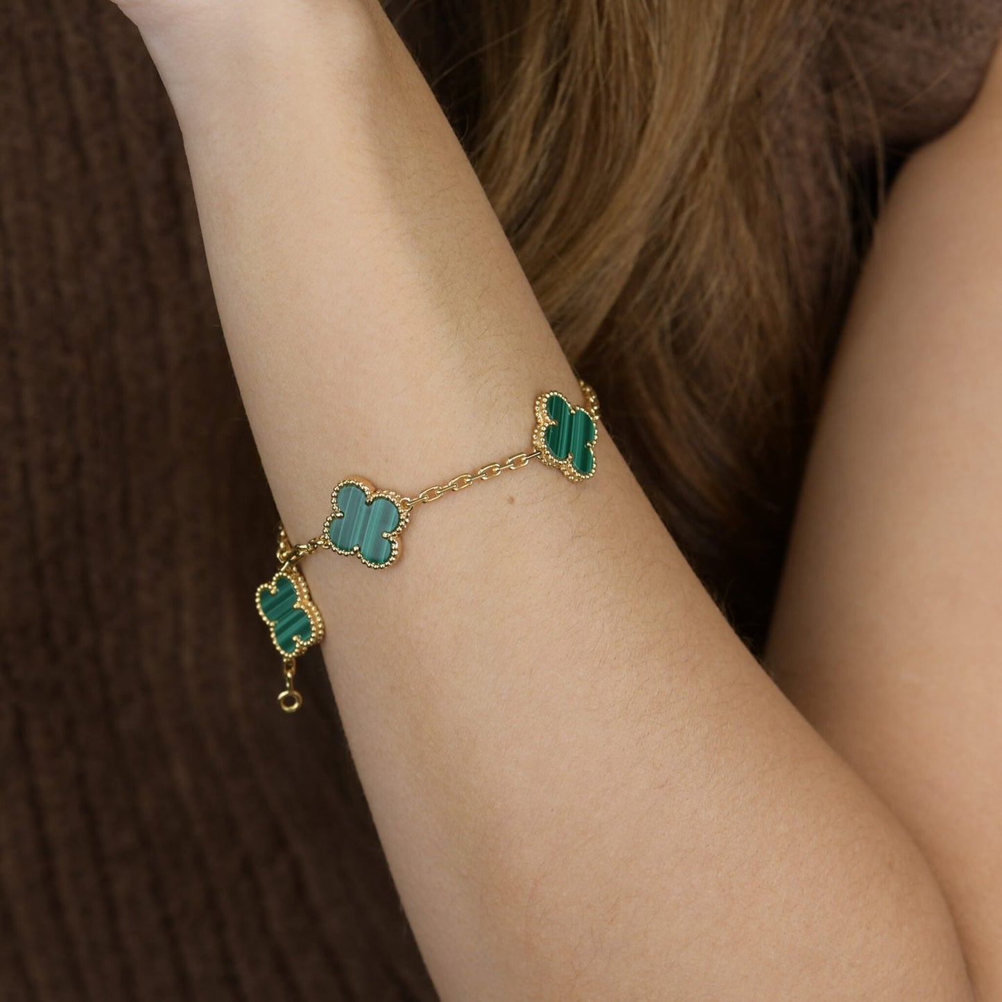 [AuraEcho Jewelry]CLOVER 5 MOTIFS MALACHITE BRACELET