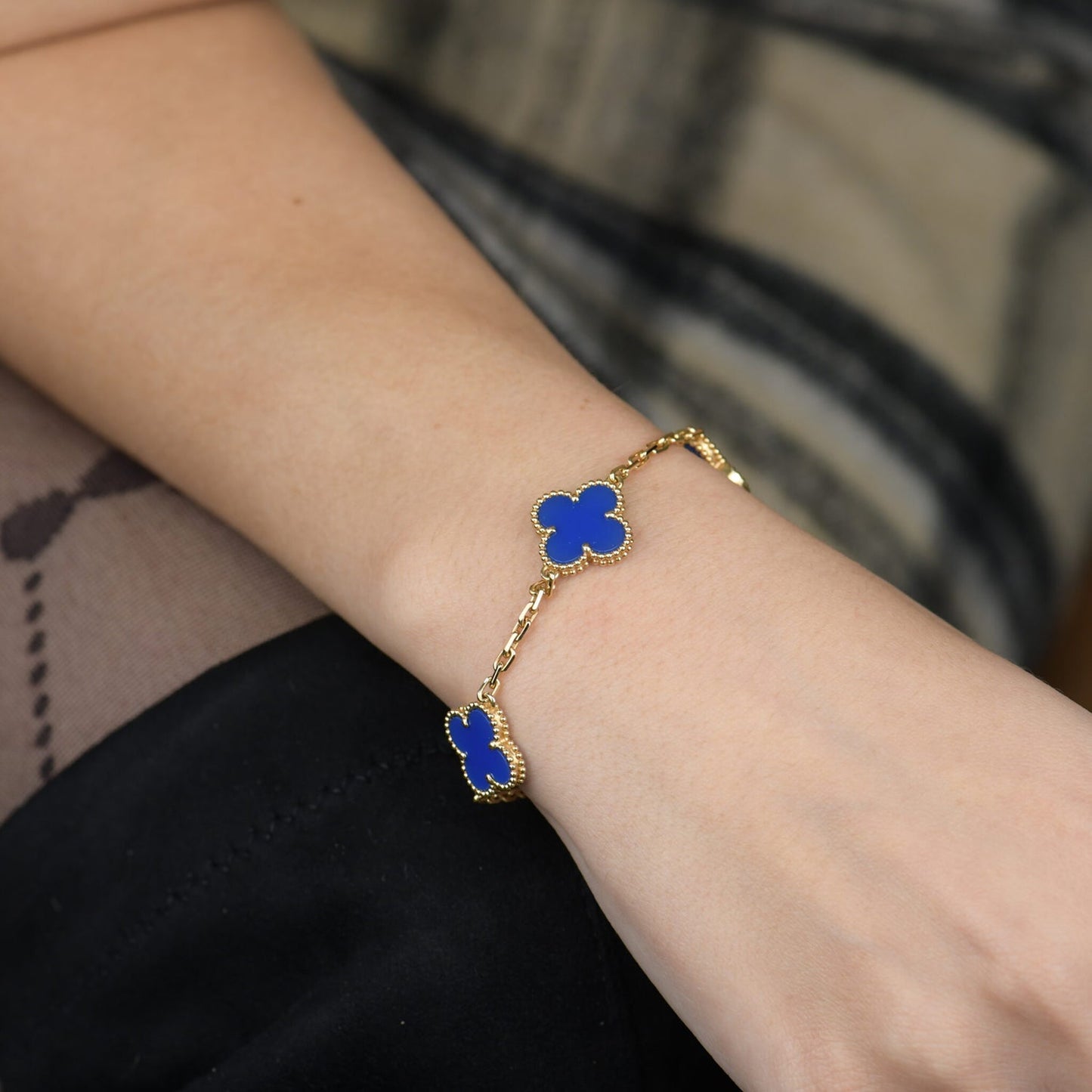 [AuraEcho Jewelry]CLOVER 5 MOTIFS BLUE AGATE BRACELET