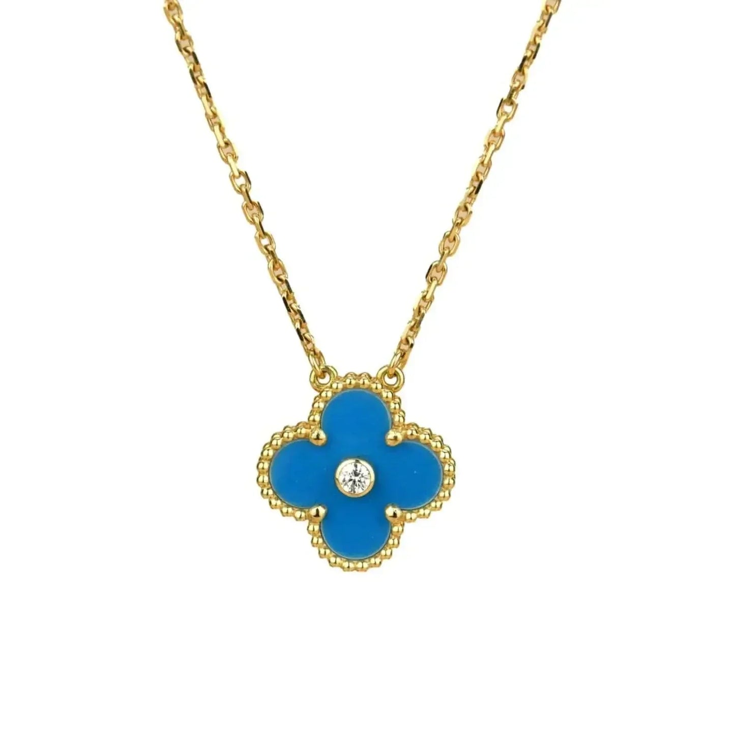 [AuraEcho Jewelry]CLOVER 15MM DIAMOND AND BLUE AGATE NECKLACE