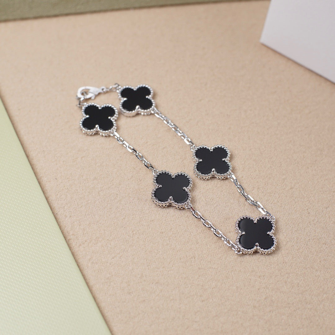 [AuraEcho Jewelry]CLOVER 5 MOTIF ONYXS  BRACELET SILVER
