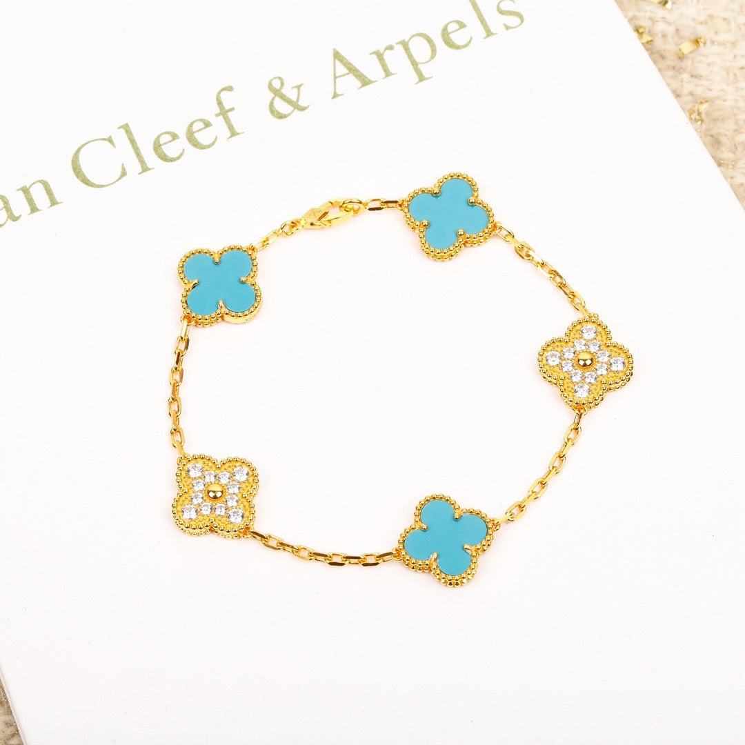 [AuraEcho Jewelry]CLOVER 5 MOTIF TURQUOISE DIAMOND GOLD BRACELET
