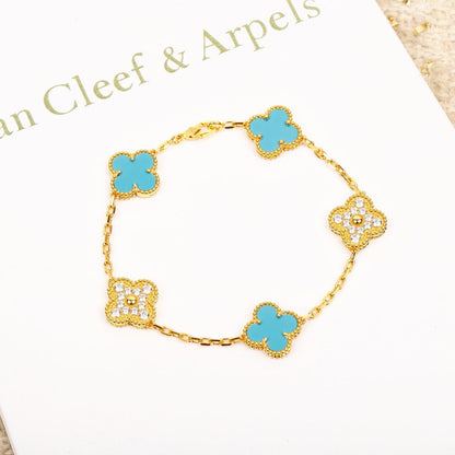 [AuraEcho Jewelry]CLOVER 5 MOTIF TURQUOISE DIAMOND GOLD BRACELET