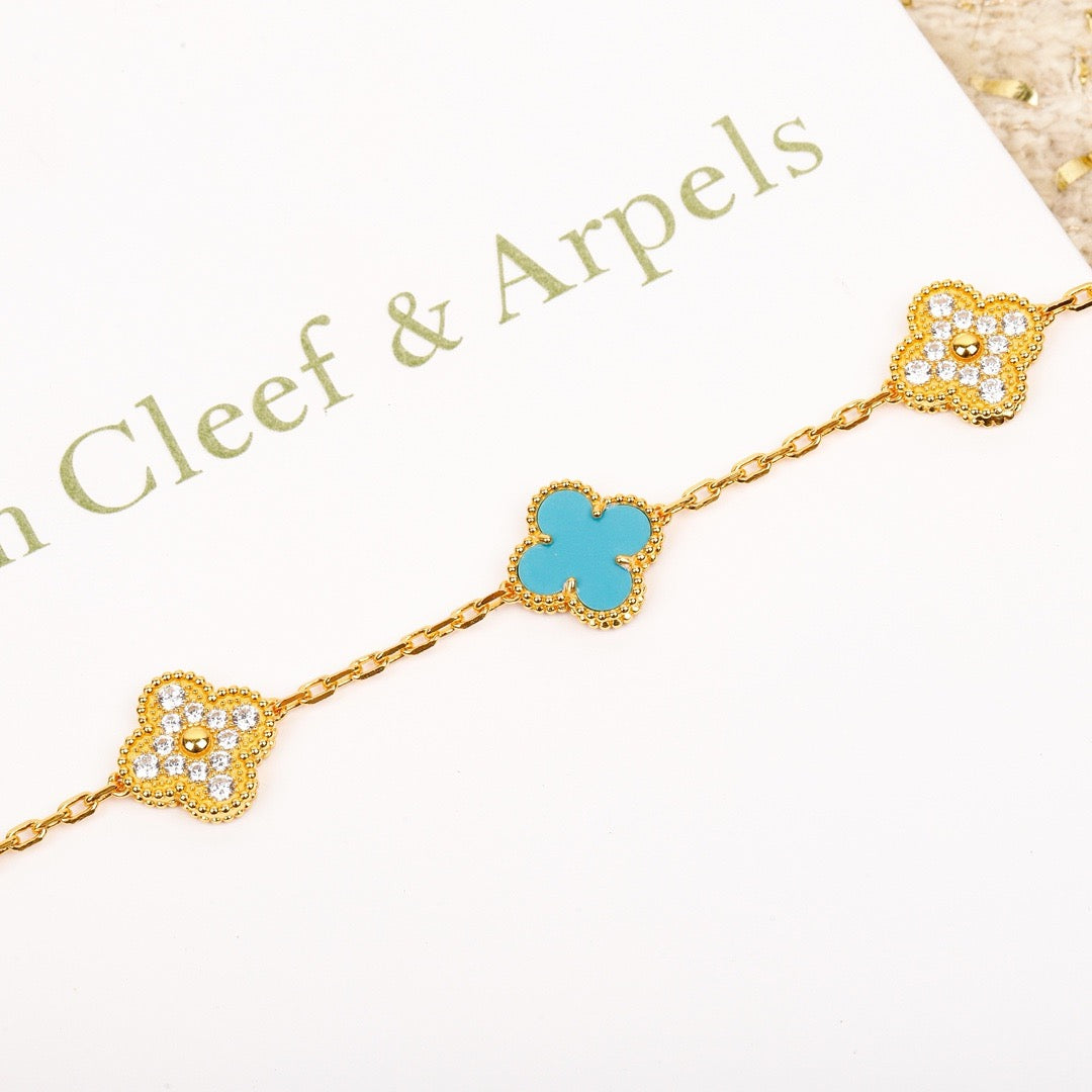 [AuraEcho Jewelry]CLOVER 5 MOTIF TURQUOISE DIAMOND GOLD BRACELET