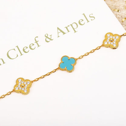 [AuraEcho Jewelry]CLOVER 5 MOTIF TURQUOISE DIAMOND GOLD BRACELET