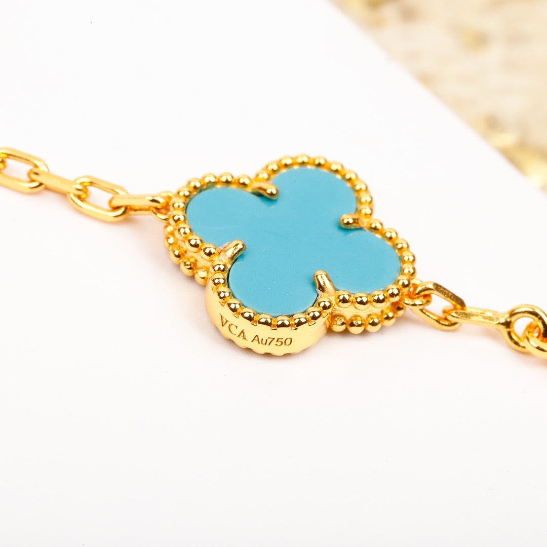 [AuraEcho Jewelry]CLOVER 5 MOTIF TURQUOISE DIAMOND GOLD BRACELET