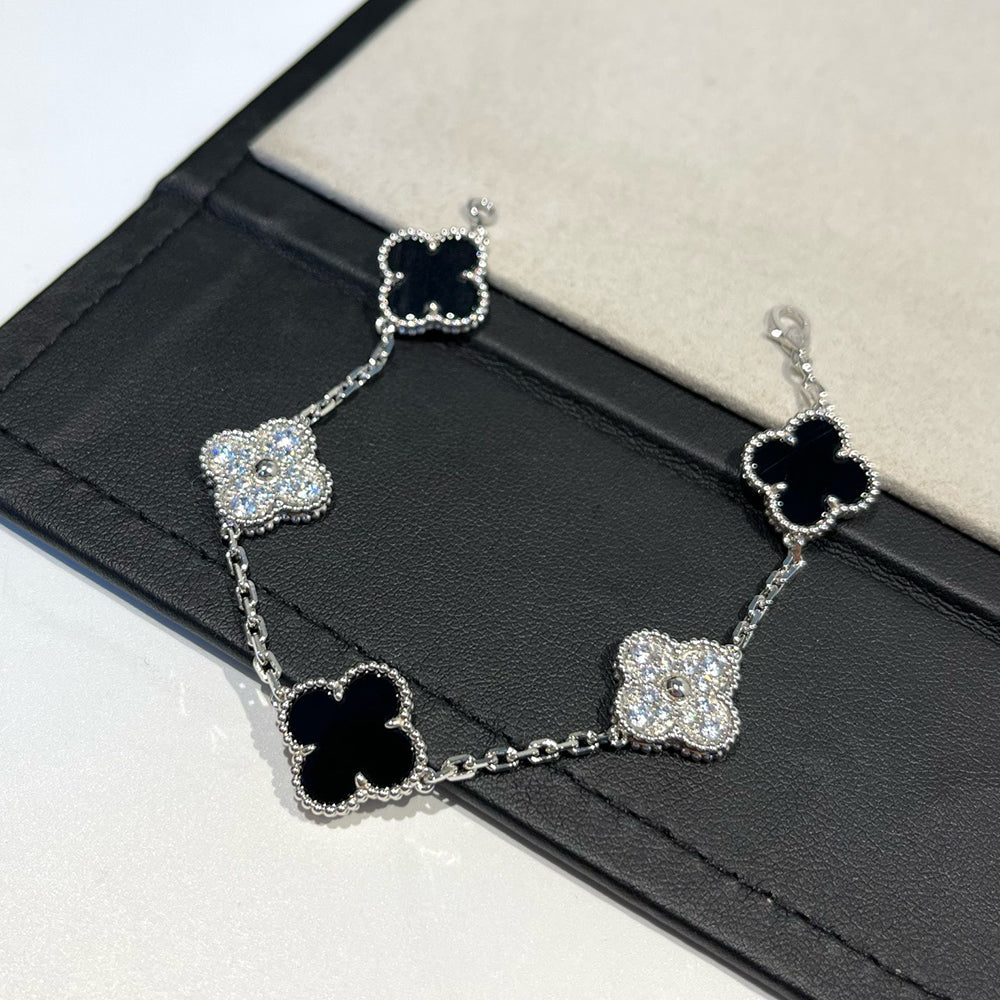 [AuraEcho Jewelry]CLOVER 5 MOTIF ONYXS DIAMOND BRACELET SILVER