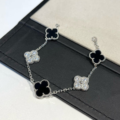 [AuraEcho Jewelry]CLOVER 5 MOTIF ONYXS DIAMOND BRACELET SILVER