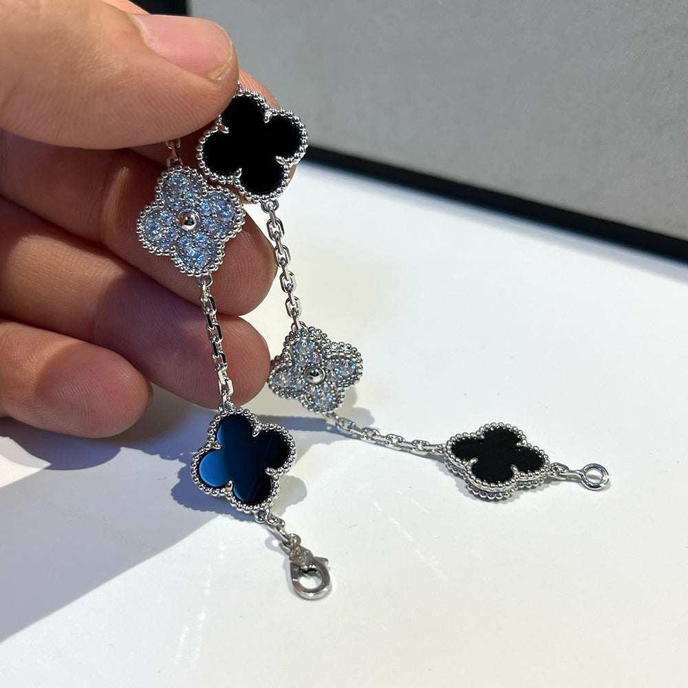 [AuraEcho Jewelry]CLOVER 5 MOTIF ONYXS DIAMOND BRACELET SILVER