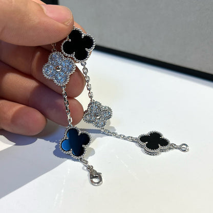 [AuraEcho Jewelry]CLOVER 5 MOTIF ONYXS DIAMOND BRACELET SILVER