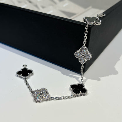 [AuraEcho Jewelry]CLOVER 5 MOTIF ONYXS DIAMOND BRACELET SILVER