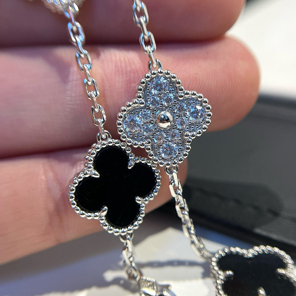 [AuraEcho Jewelry]CLOVER 5 MOTIF ONYXS DIAMOND BRACELET SILVER