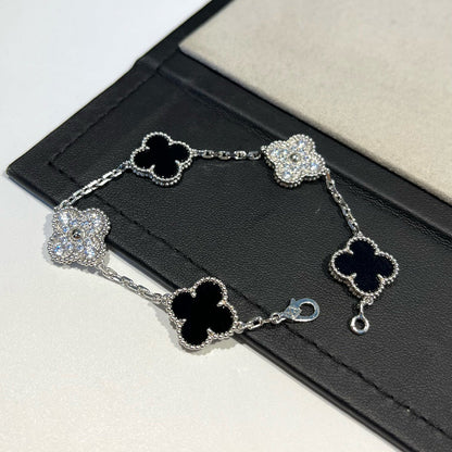 [AuraEcho Jewelry]CLOVER 5 MOTIF ONYXS DIAMOND BRACELET SILVER