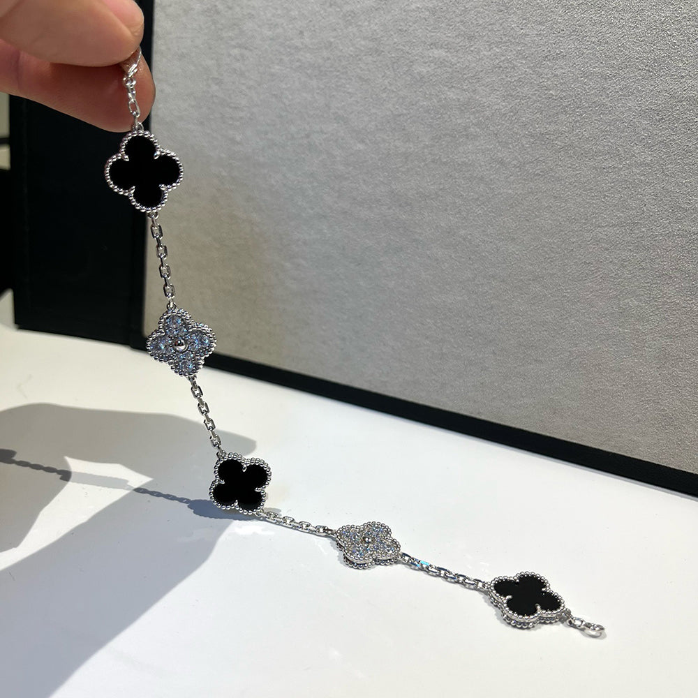 [AuraEcho Jewelry]CLOVER 5 MOTIF ONYXS DIAMOND BRACELET SILVER