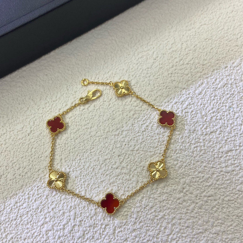 [AuraEcho Jewelry]CLOVER 6 MOTIF RED AGATE LASER BRACELET
