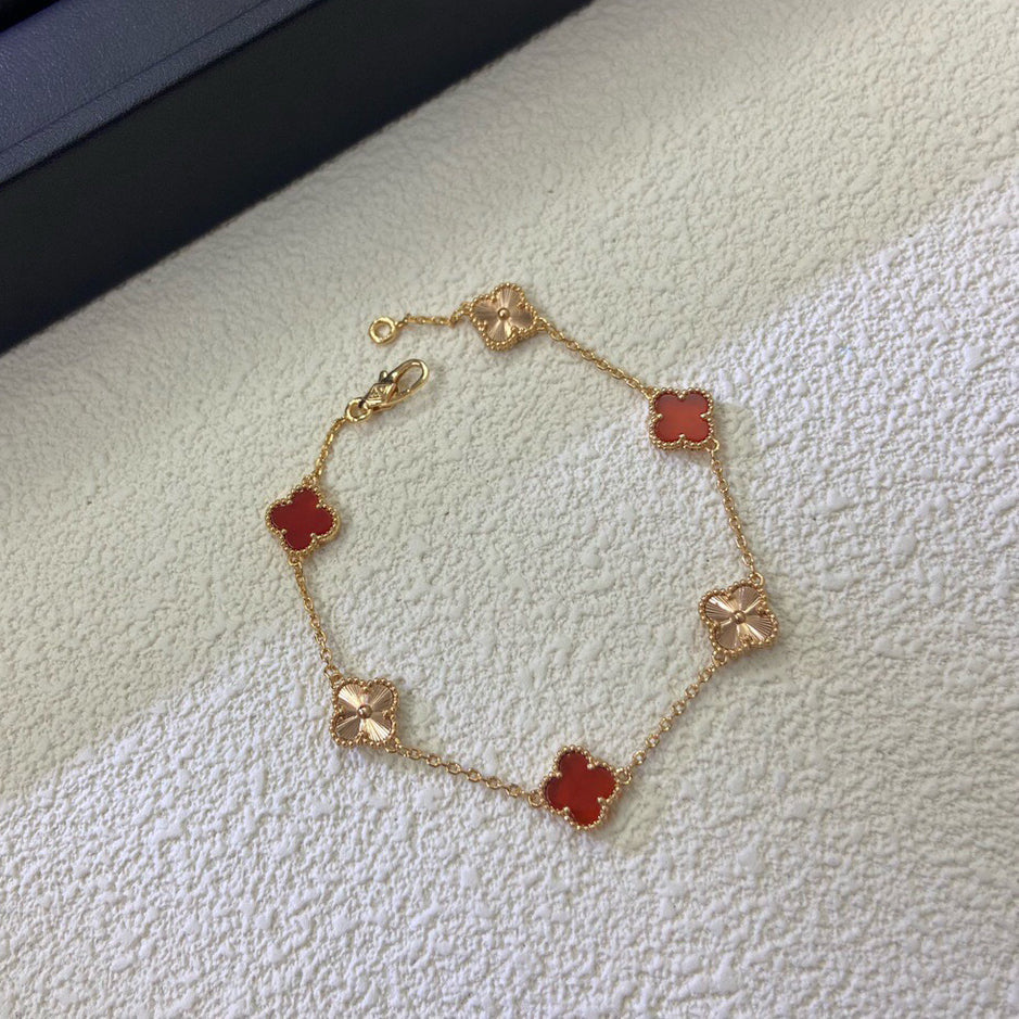 [AuraEcho Jewelry]CLOVER 6 MOTIF RED AGATE LASER BRACELET