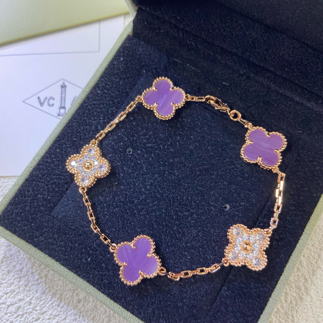 [AuraEcho Jewelry]CLOVER  5 MOTIFS  PURPLE VIOLET DIAMOND BRACELET