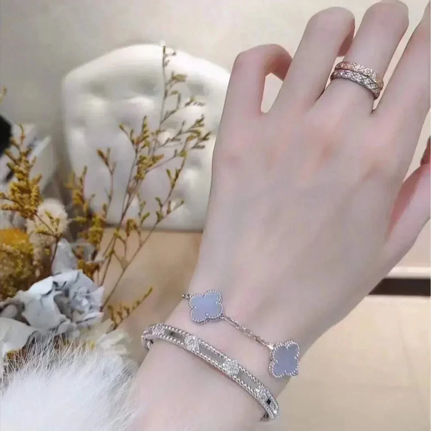 [AuraEcho Jewelry]CLOVER  5 MOTIF PURPLE CHALCEDONY BRACELET SILVER