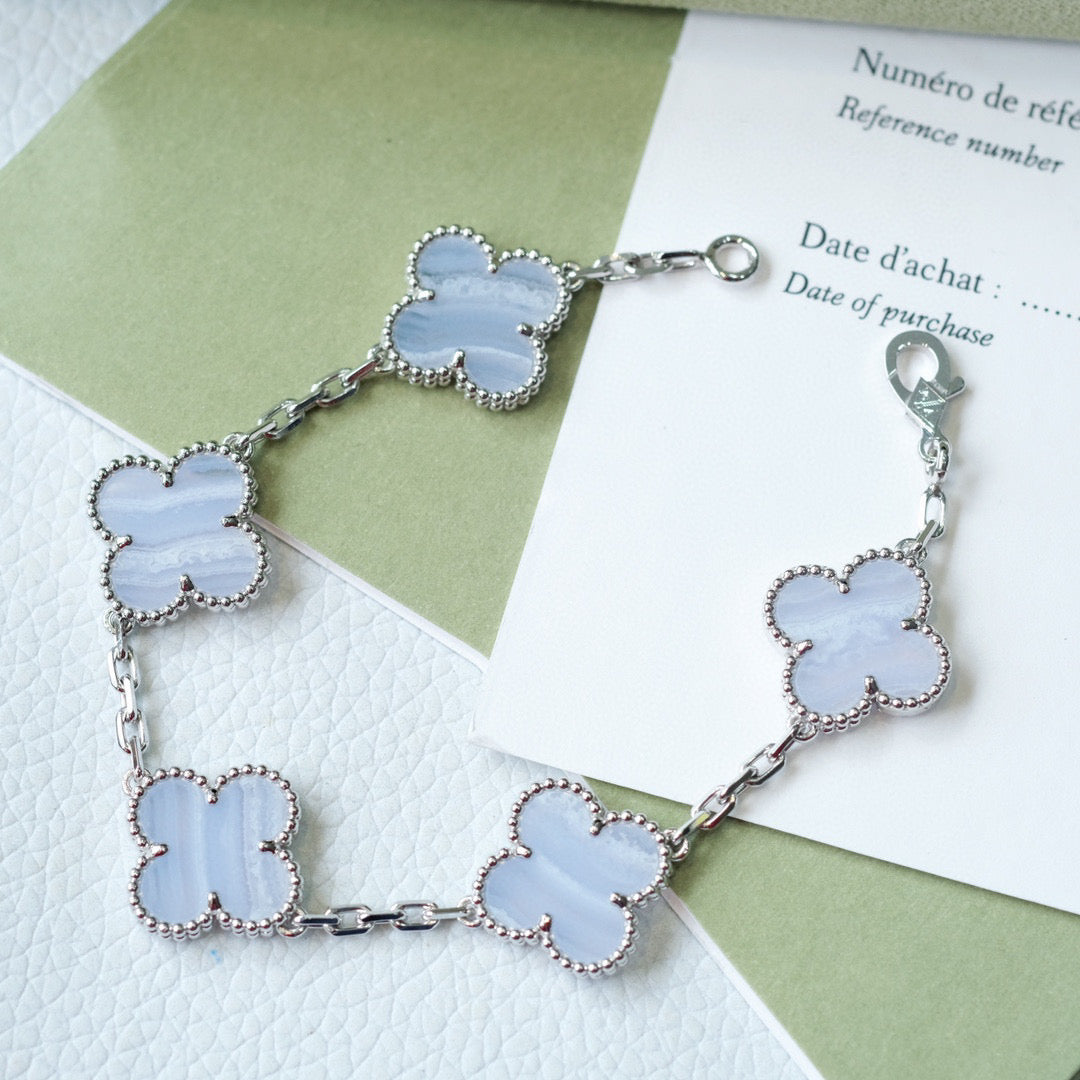[AuraEcho Jewelry]CLOVER  5 MOTIF PURPLE CHALCEDONY BRACELET SILVER