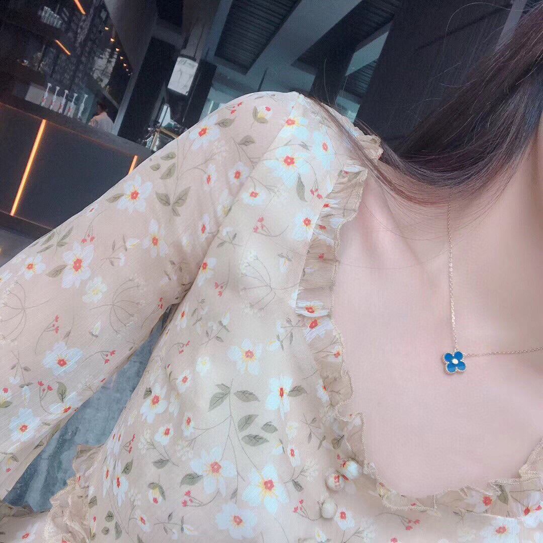 [AuraEcho Jewelry]CLOVER 15MM DIAMOND AND BLUE AGATE NECKLACE