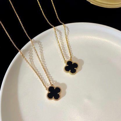 [AuraEcho Jewelry]CLOVER 15MM BLACK ONYX SINGLE FLOWER NECKLACE