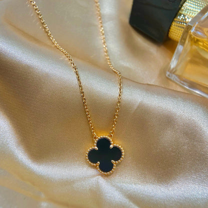 [AuraEcho Jewelry]CLOVER 15MM BLACK ONYX SINGLE FLOWER NECKLACE
