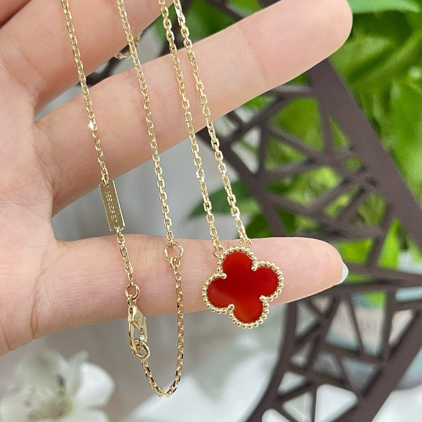 [WZQ]CLOVER 15MM CARNELIAN SINGLE FLOWER NECKLACE