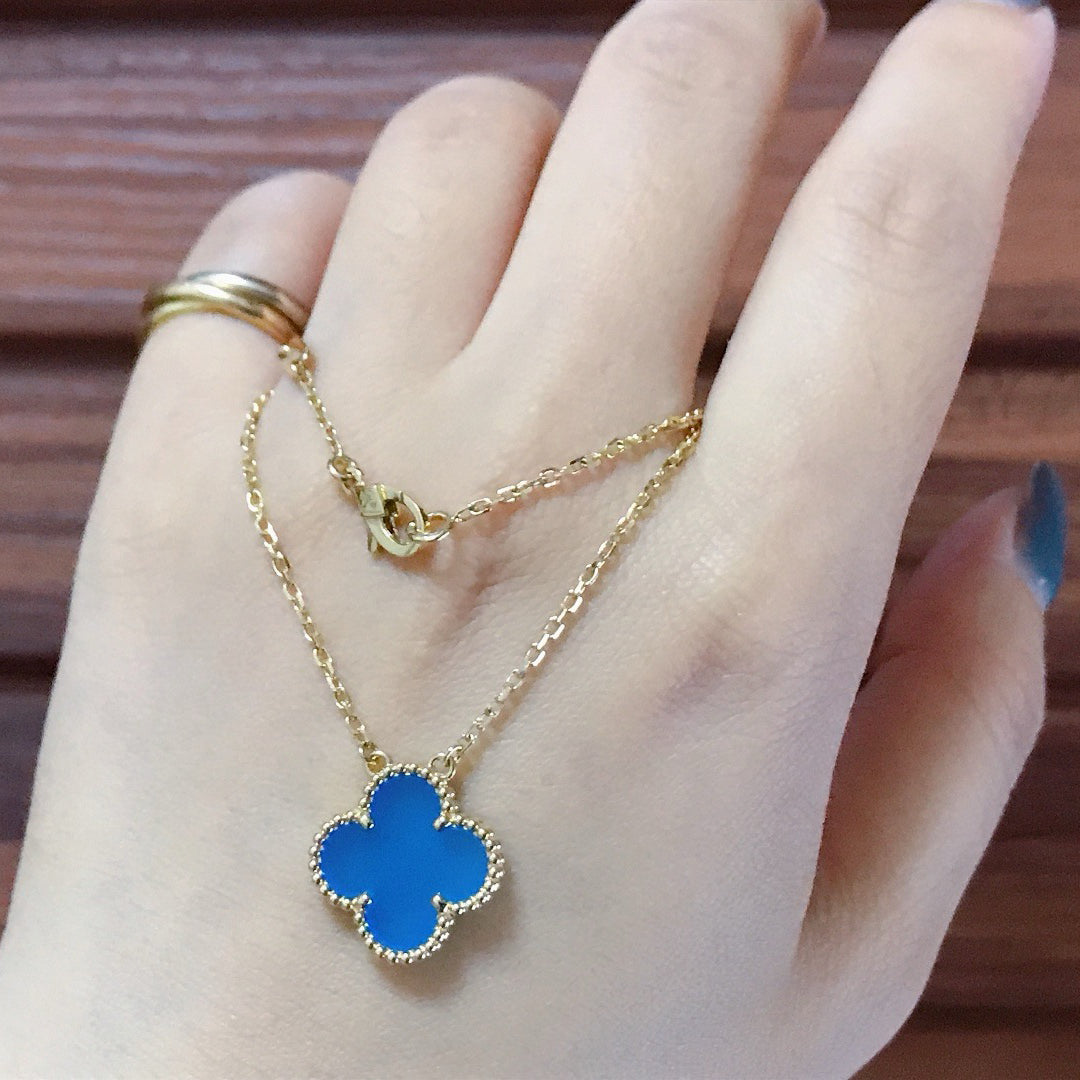 [AuraEcho Jewelry]CLOVER 15MM BLUE AGATE NECKLACE
