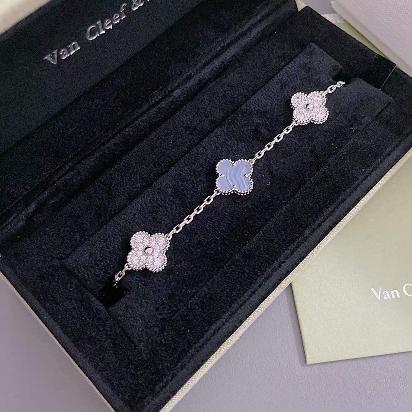 [AuraEcho Jewelry]CLOVER  5 MOTIF DIAMOND PURPLE CHALCEDONY BRACELET SILVER
