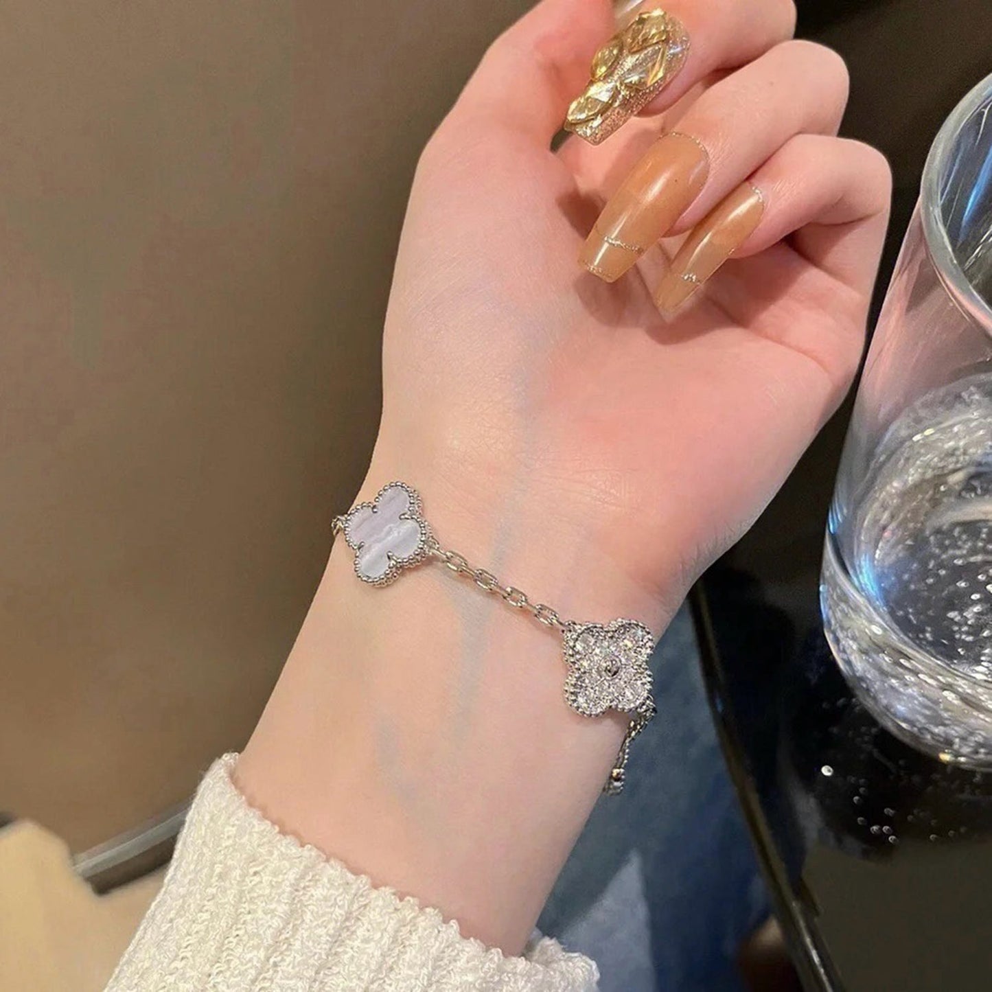 [AuraEcho Jewelry]CLOVER  5 MOTIF DIAMOND PURPLE CHALCEDONY BRACELET SILVER