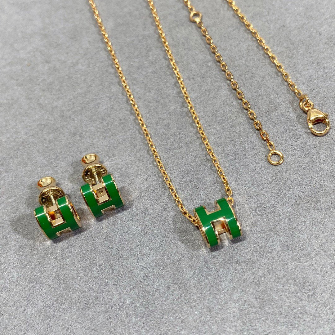 [WZQ]POP H GREEN NECKLACE SILVER AND GOLD