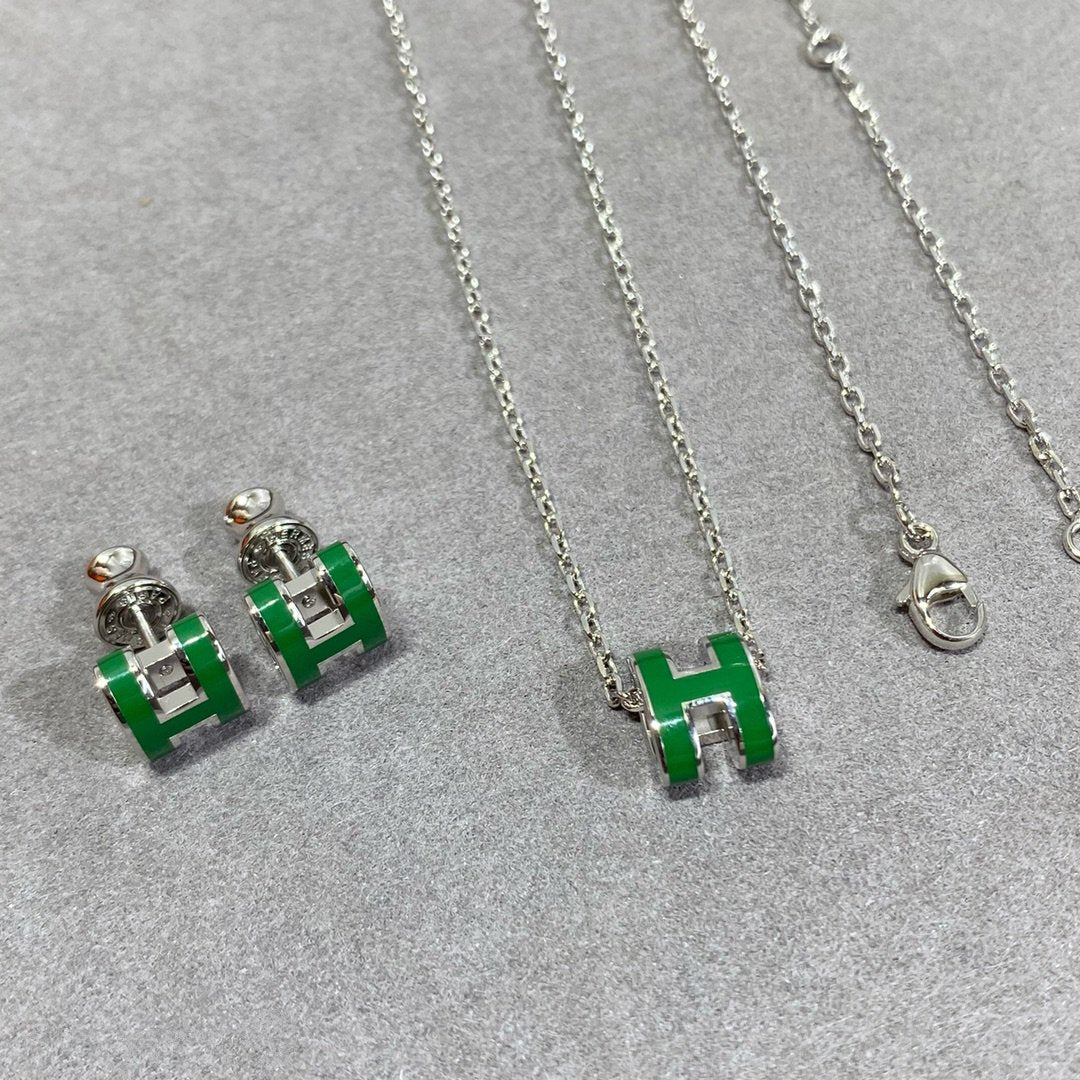 [WZQ]POP H GREEN NECKLACE SILVER AND GOLD