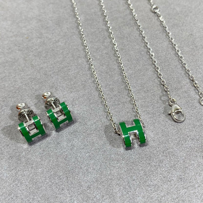 [WZQ]POP H GREEN NECKLACE SILVER AND GOLD