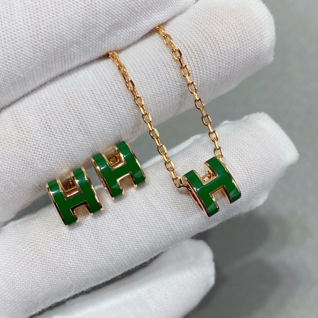 [WZQ]POP H GREEN NECKLACE SILVER AND GOLD
