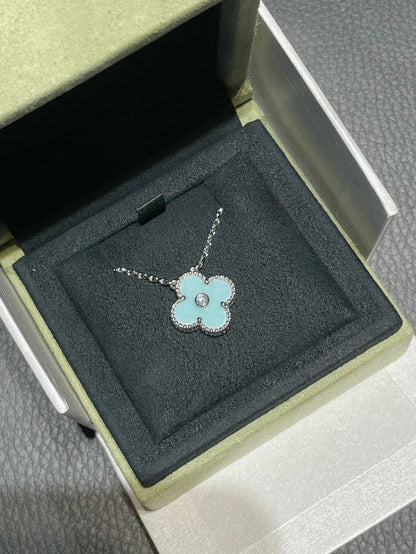 [AuraEcho Jewelry]CLOVER 1 DIAMOND LIGHT BLUE SILVER NECKLACE