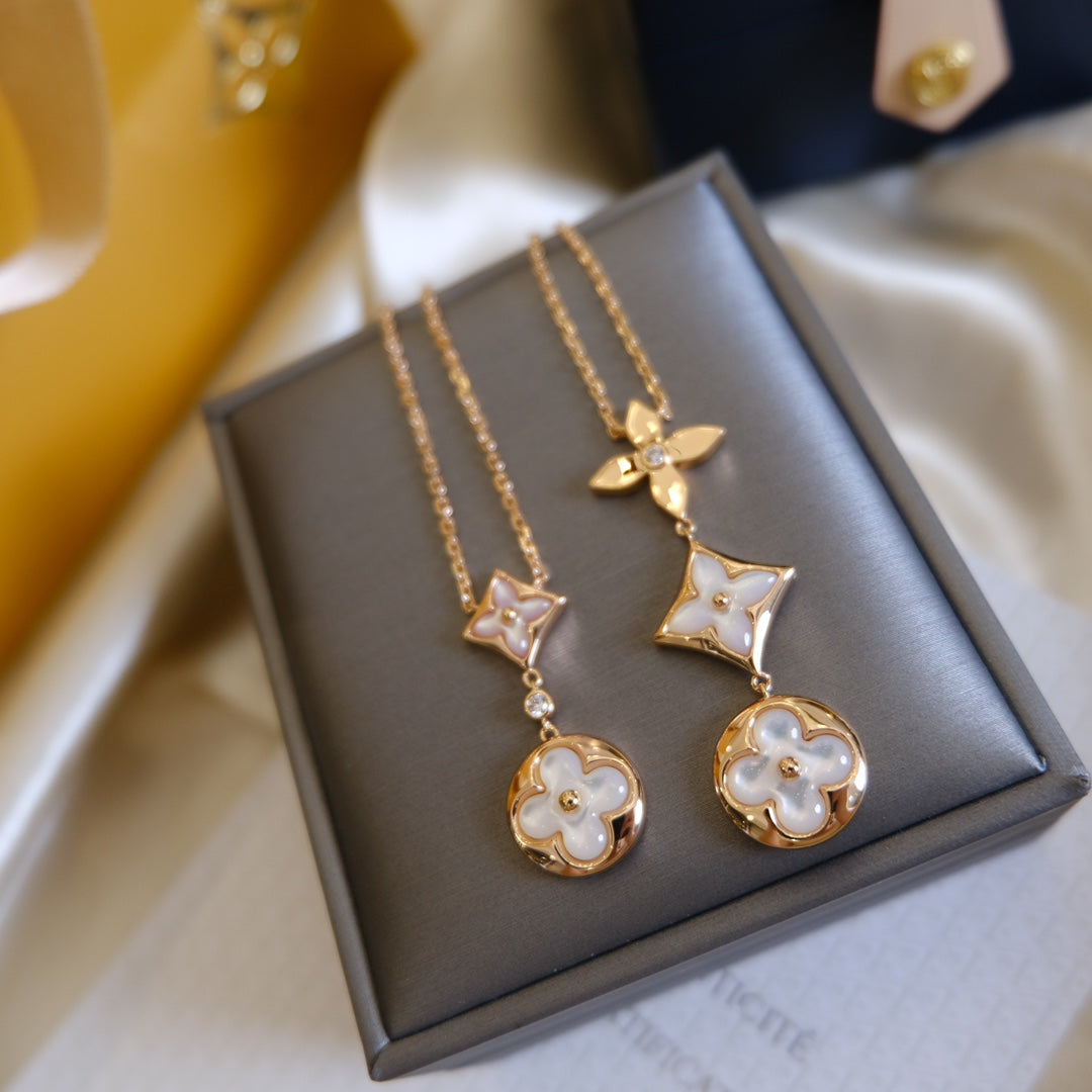 [AuraEcho Jewelry]COLOR BLOSSOM LARIAT NECKLACE PINK GOLD WHITE MOTHER PEARL AND DIAMOND