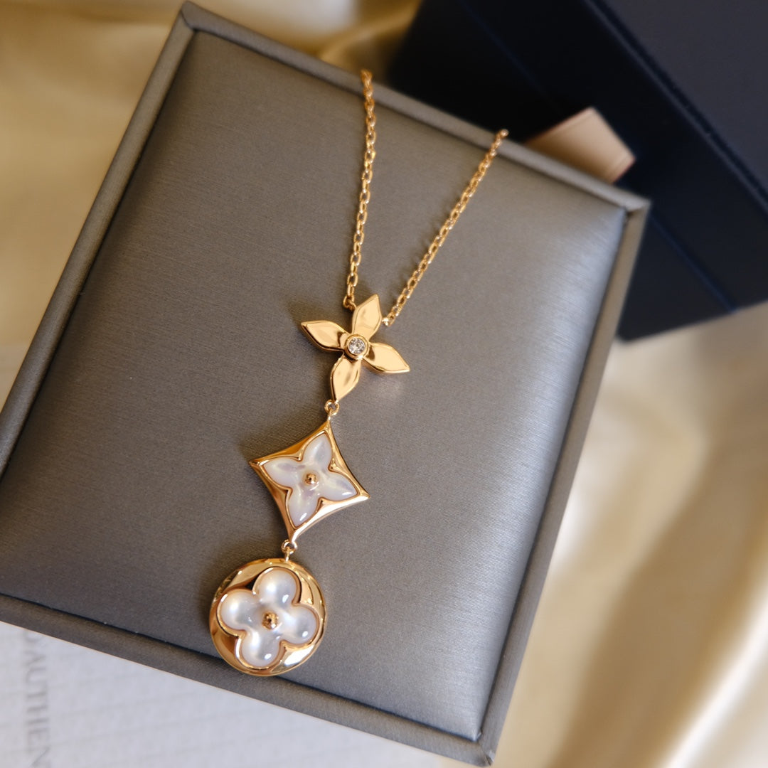 [AuraEcho Jewelry]COLOR BLOSSOM LARIAT NECKLACE PINK GOLD WHITE MOTHER PEARL AND DIAMOND
