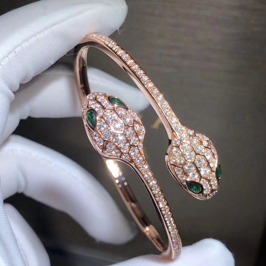 [AuraEcho Jewelry]SERPENTI BRACELET PINK GOLD MALACHITE DIAMOND DOUBLE SNAKE
